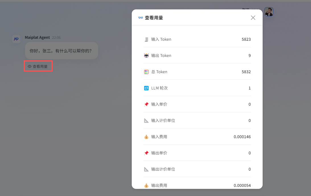 单次回复的用量或 Token 查看入口